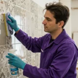 homem limpando cêramica na parede